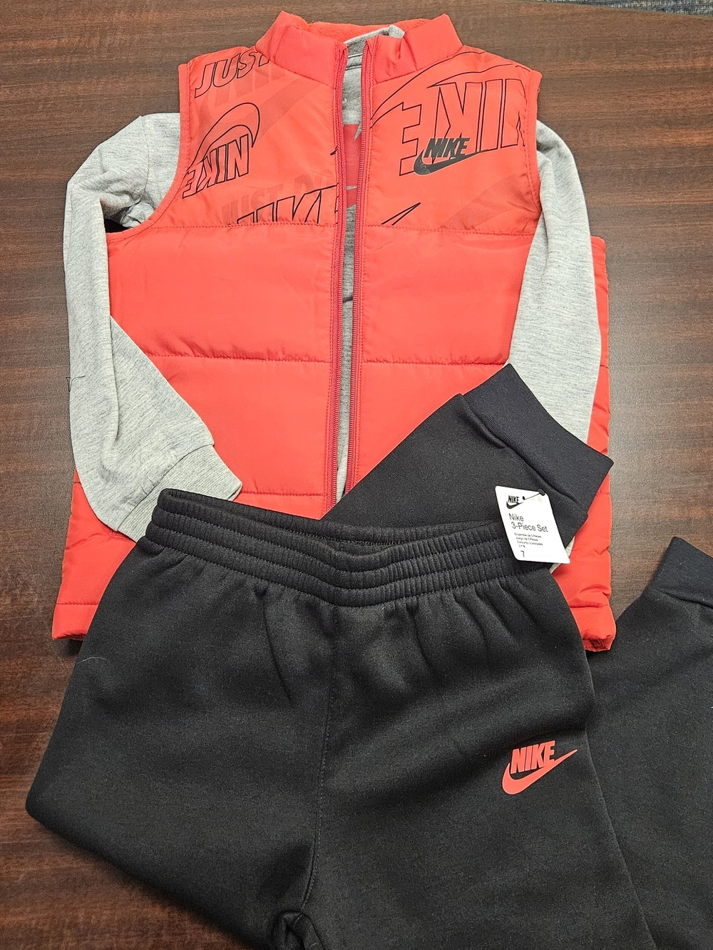Nike Red Puffer Vest, Gray Long-Sleeve Top & Black Joggers Set